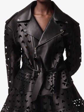 AREA Black Laser-Cut Leather Belted Moto Trench